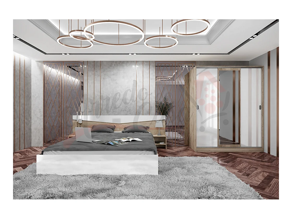 Camera da letto con letto e armadio sonoma/bianco lucido CDLI34