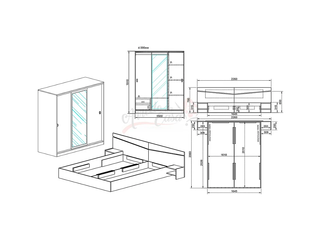 Camera da letto con letto e armadio sonoma/bianco lucido CDLI34