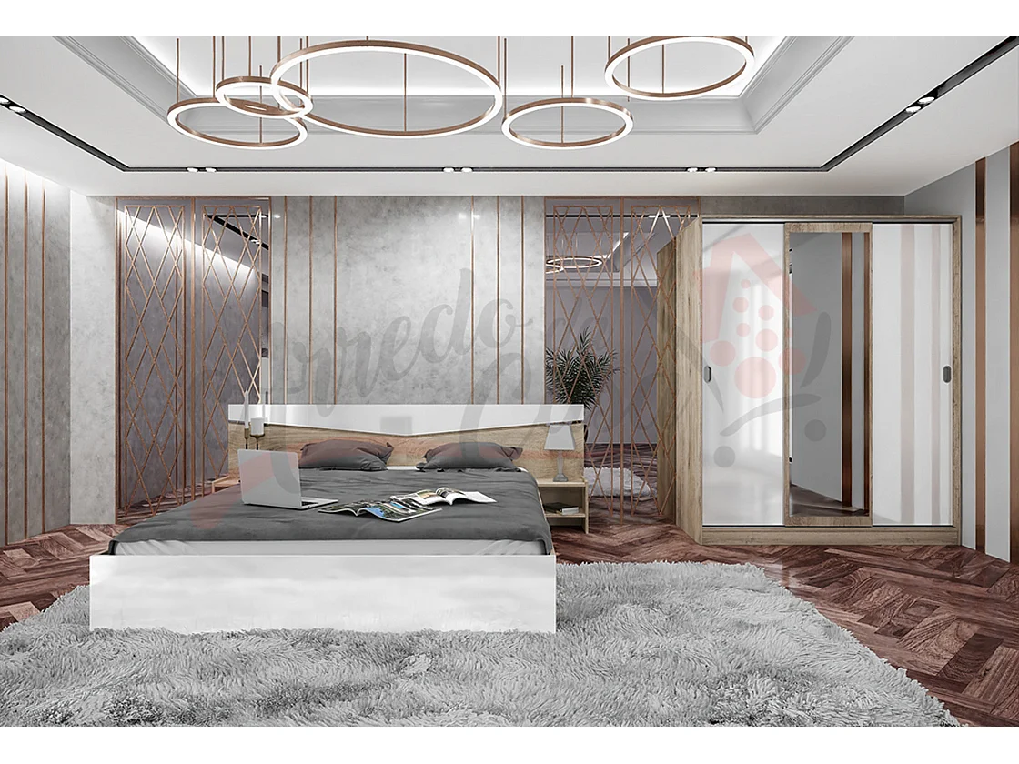 Camera da letto con letto e armadio sonoma/bianco lucido CDLI34