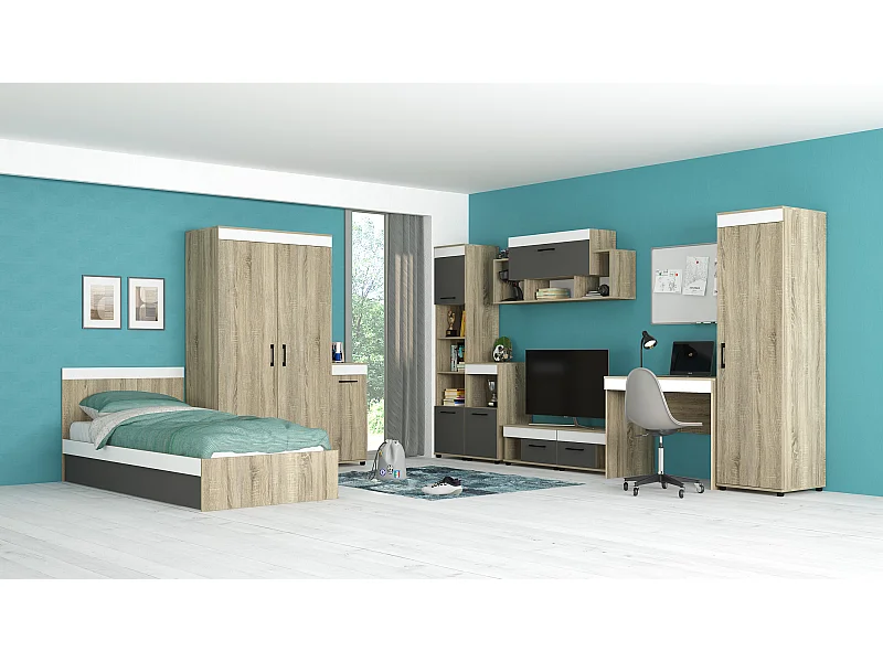 Cameretta completa moderna con letto contenitore 90x200 cm in rovere, antracite e bianco CBG12