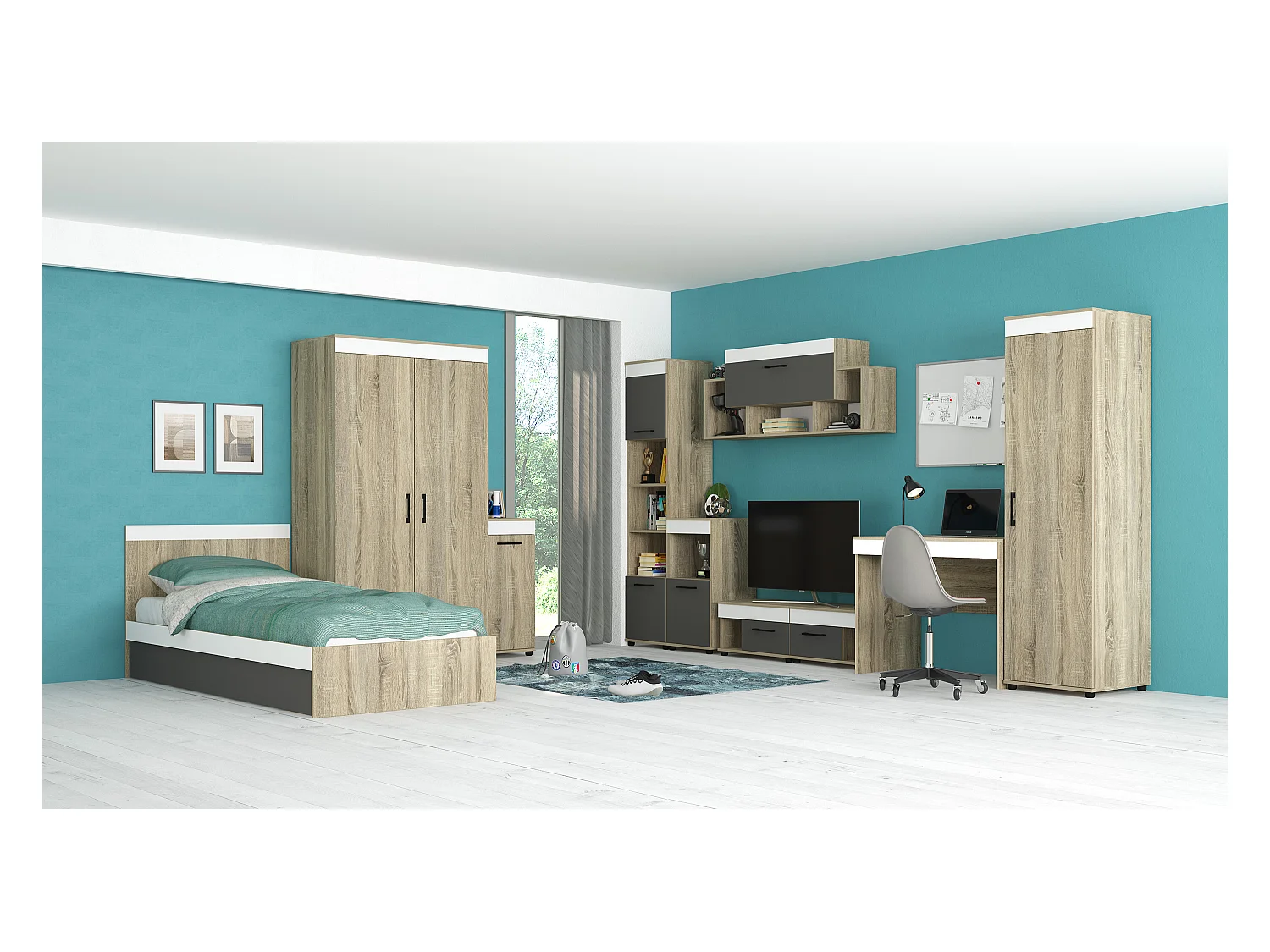 Cameretta completa moderna con letto contenitore 90x200 cm in rovere, antracite e bianco CBG12