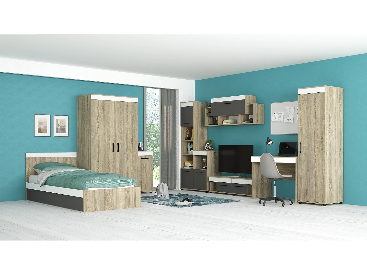 Cameretta completa moderna con letto contenitore 90x200 cm in rovere, antracite e bianco CBG12