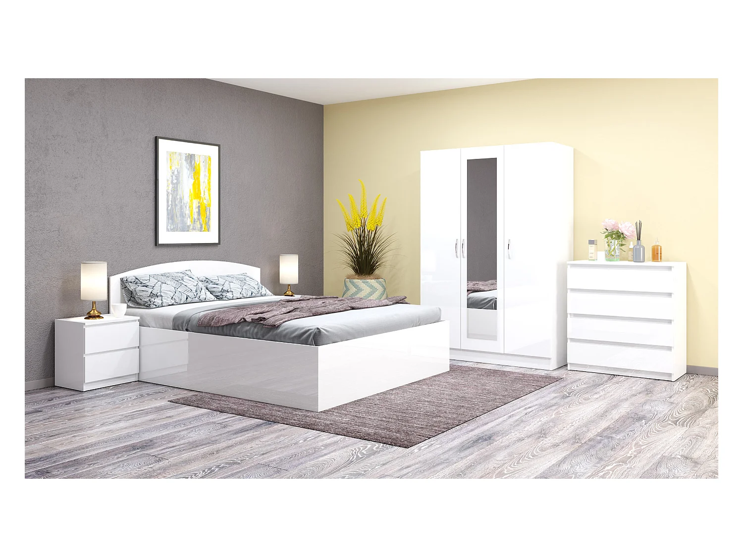 Camera da letto completa 160x200 con comò design moderno laccato bianco lucido CMG45