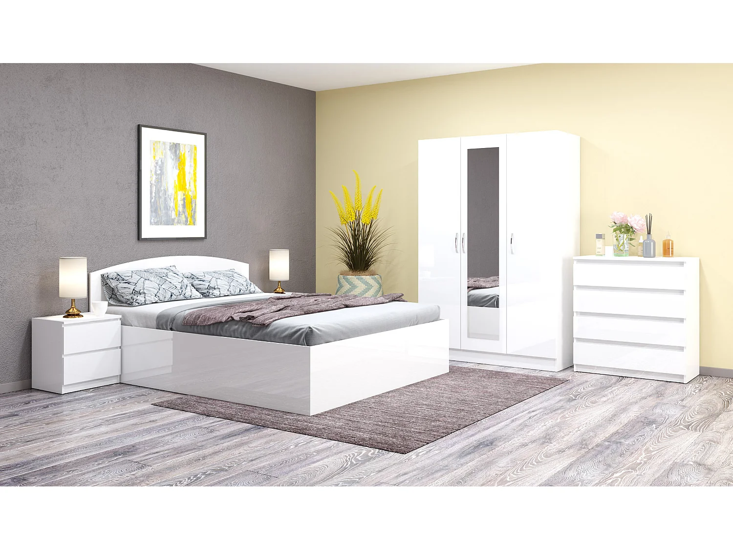 Camera da letto completa 160x200 con comò design moderno laccato bianco lucido CMG45