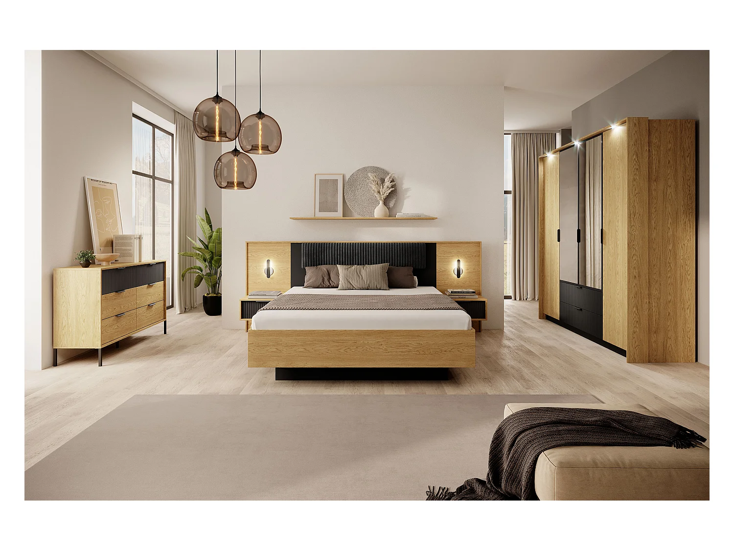 Camera da letto matrimoniale completa moderna rovere naturale e nero CDLLK3