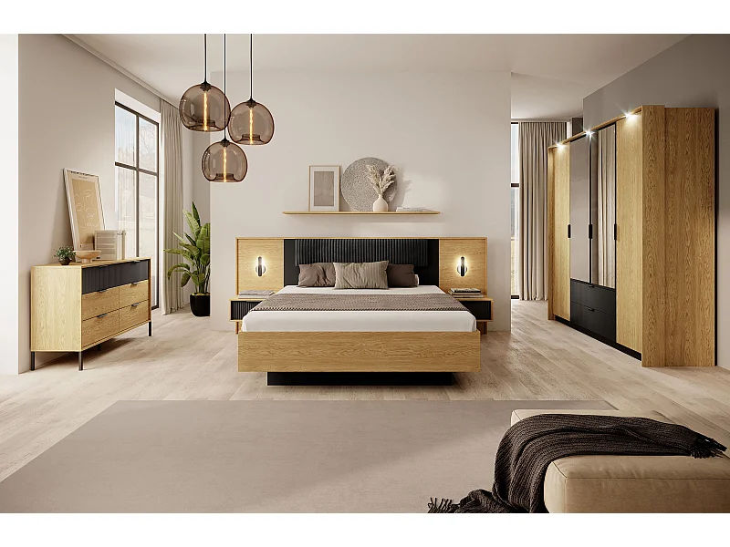 Camera da letto matrimoniale completa moderna rovere naturale e nero CDLLK3