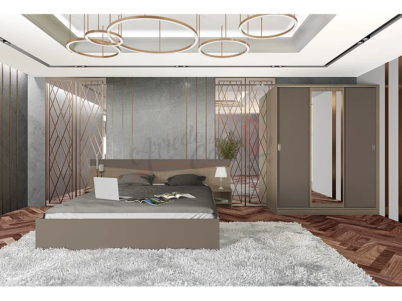 Camera da letto con letto e armadio beige scuro e lino CDLI34