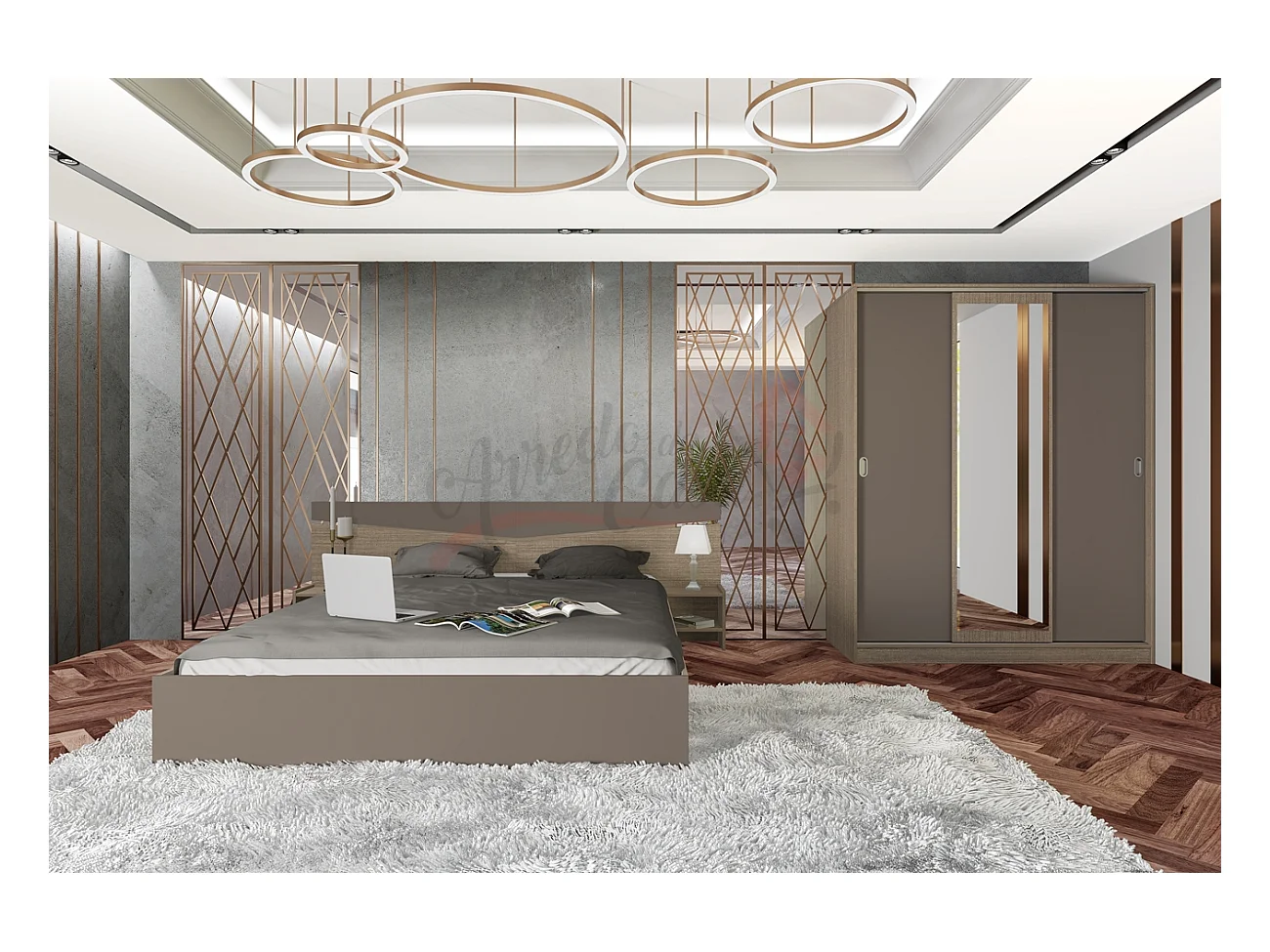 Camera da letto con letto e armadio beige scuro e lino CDLI34