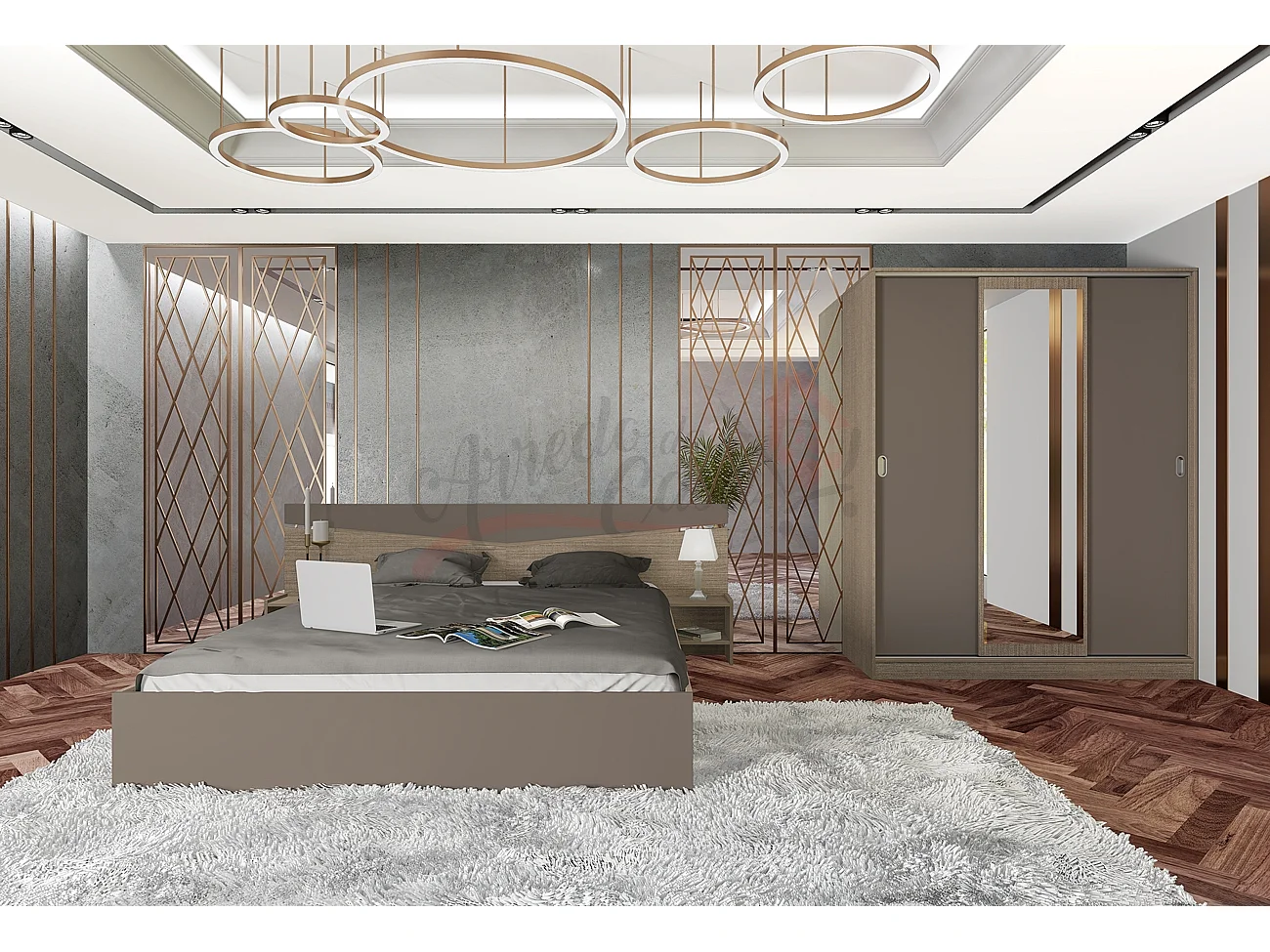 Camera da letto con letto e armadio beige scuro e lino CDLI34