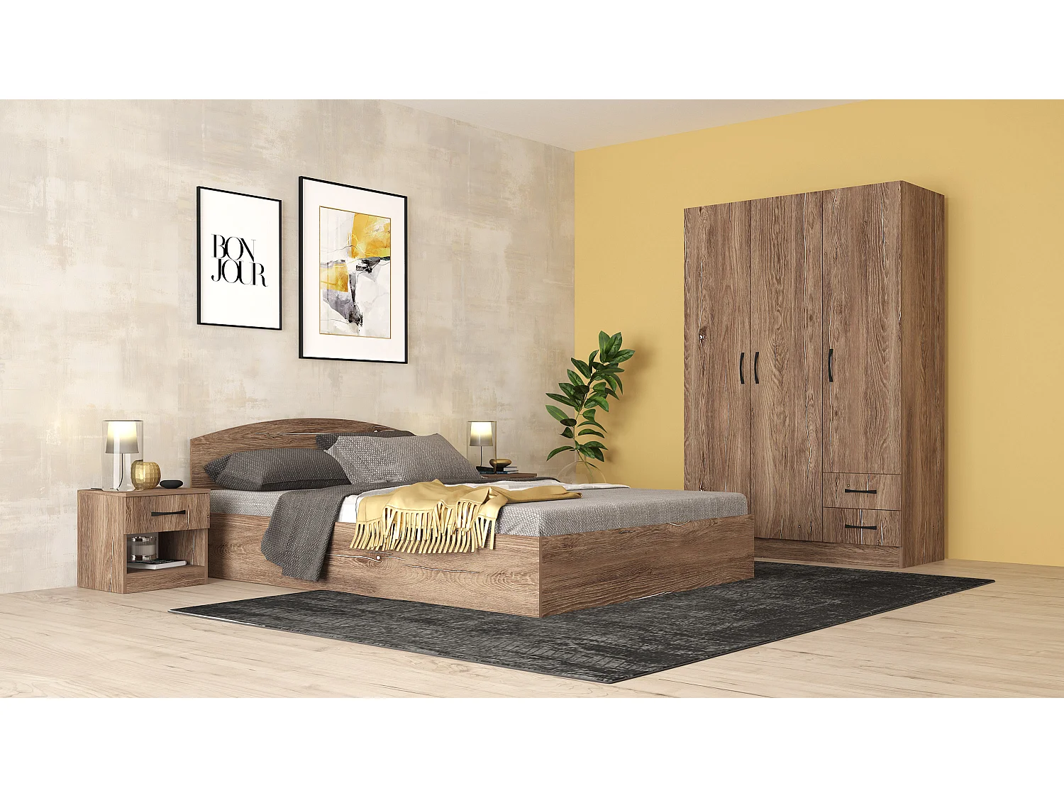 Camera da letto completa con letto alla francese 140x190 cm marrone CMG40