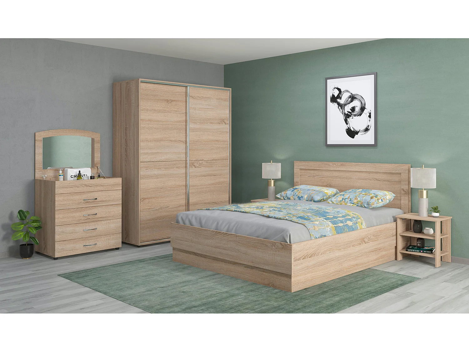 Camera da letto completa 160x200 con comò e specchio effetto legno sonoma CMG44