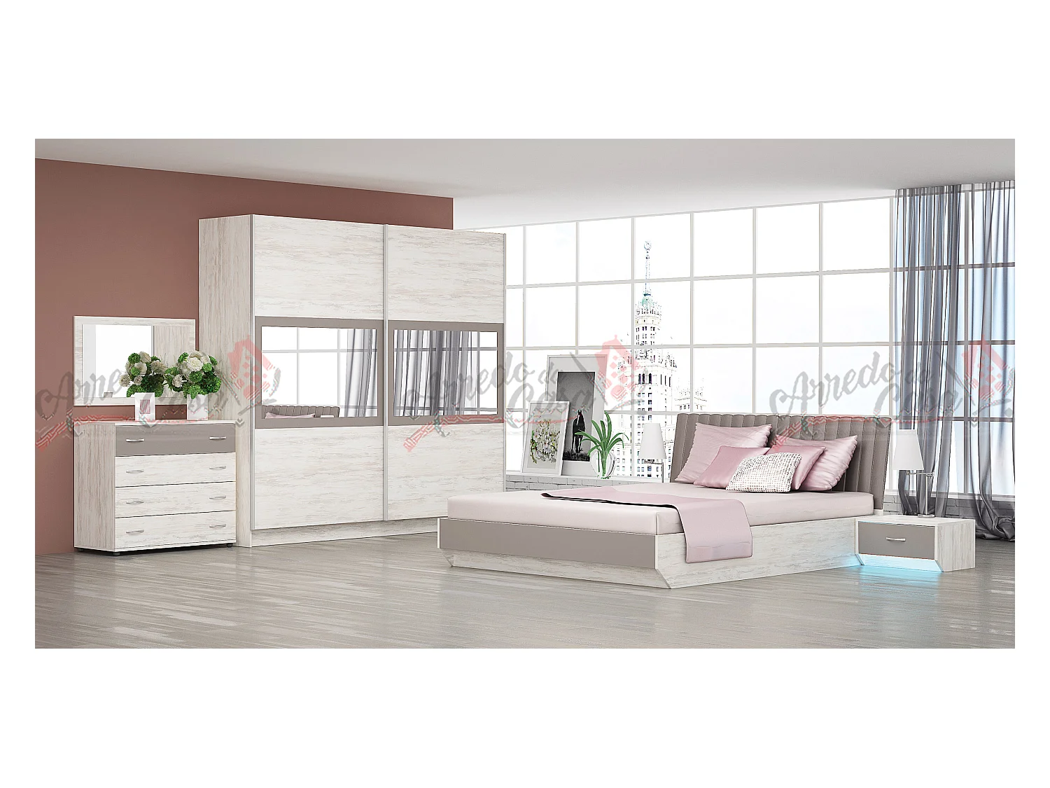 Camera matrimoniale completa con letto 140x200 cm quercia bianca e cappuccino CMG2