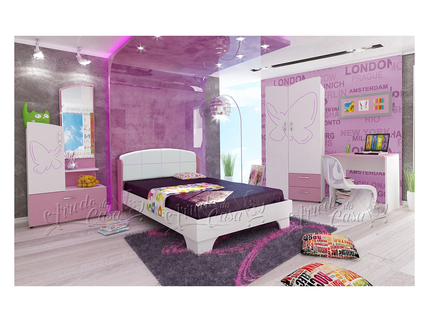 Cameretta moderna per ragazza bianca e rosa CCU3