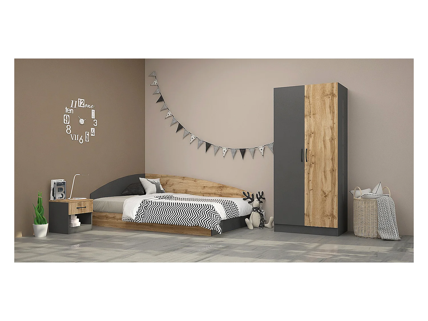 Cameretta 120x190 completa con letto a una piazza e mezza ad angolo rovere e antracite CBG8