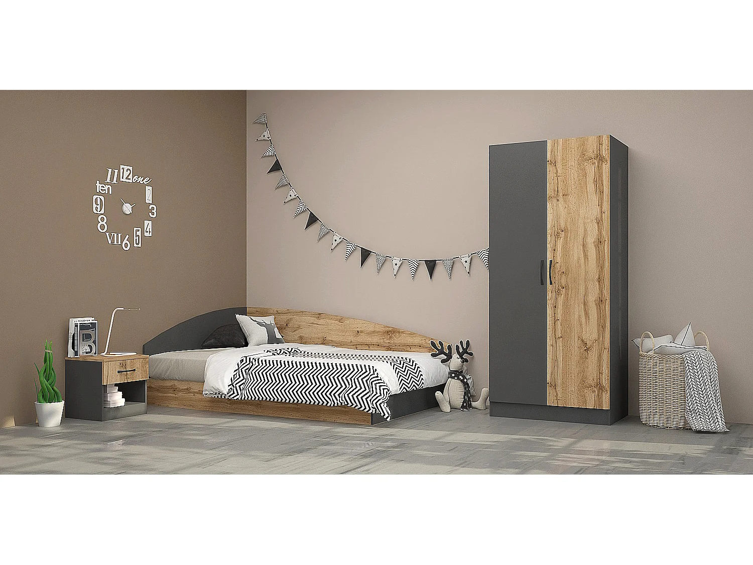 Cameretta 120x190 completa con letto a una piazza e mezza ad angolo rovere e antracite CBG8