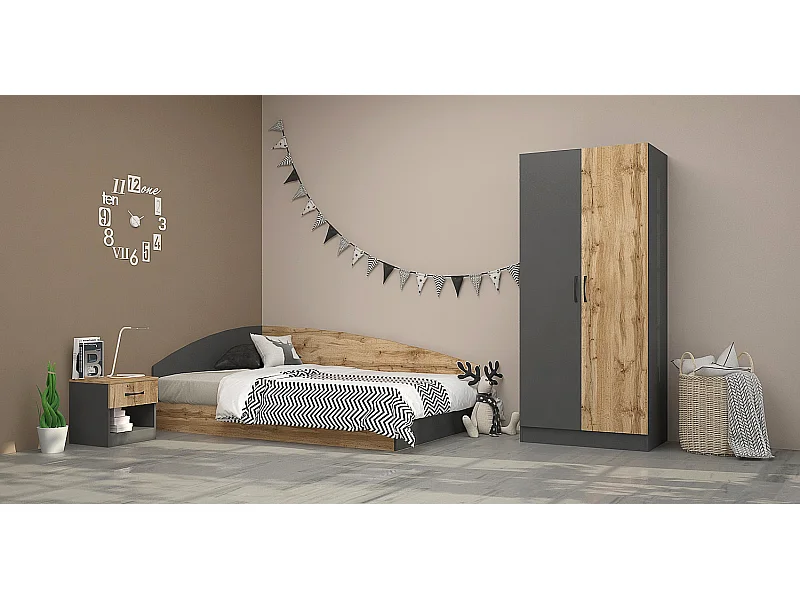 Cameretta 120x190 completa con letto a una piazza e mezza ad angolo rovere e antracite CBG8