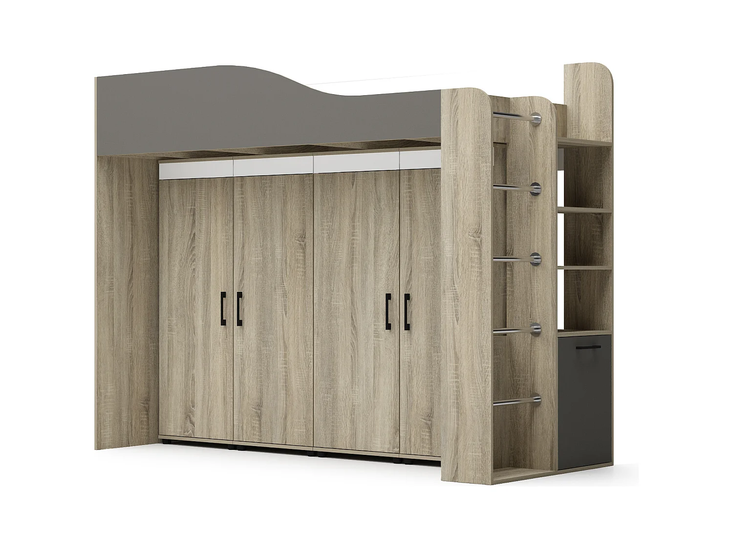 Cameretta moderna a soppalco con armadio 96x180x232 cm rovere, antracite e bianco CBG18