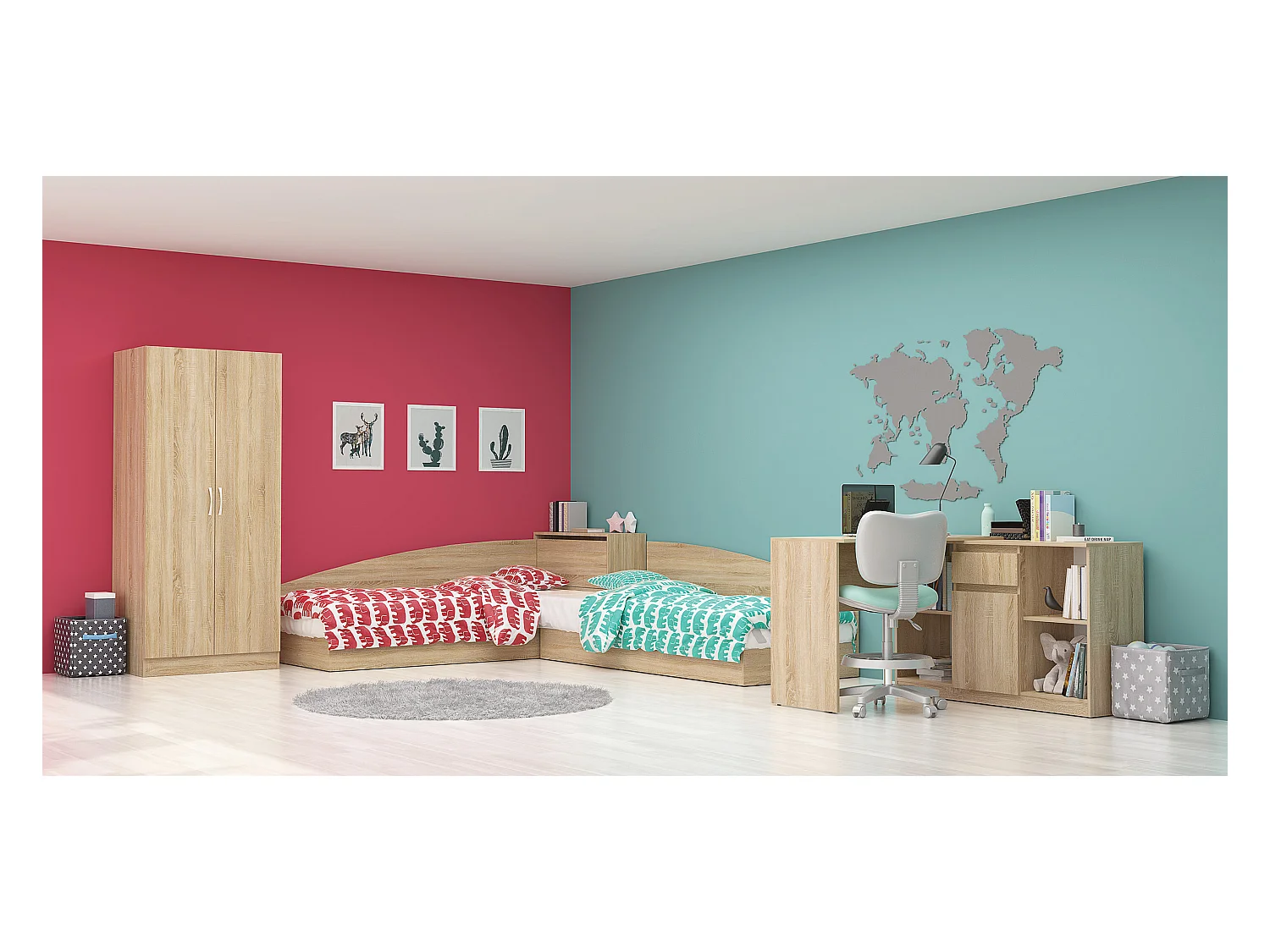 Cameretta completa 82x190 con due letti singoli ad angolo e scrivania grande sonoma CBG6
