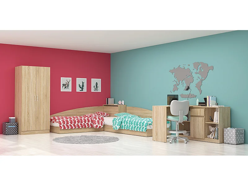 Cameretta completa 82x190 con due letti singoli ad angolo e scrivania grande sonoma CBG6