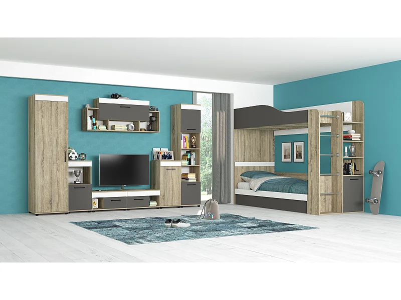 Cameretta completa con letto a castello contenitore 90x200 cm in rovere, antracite e bianco CBG11