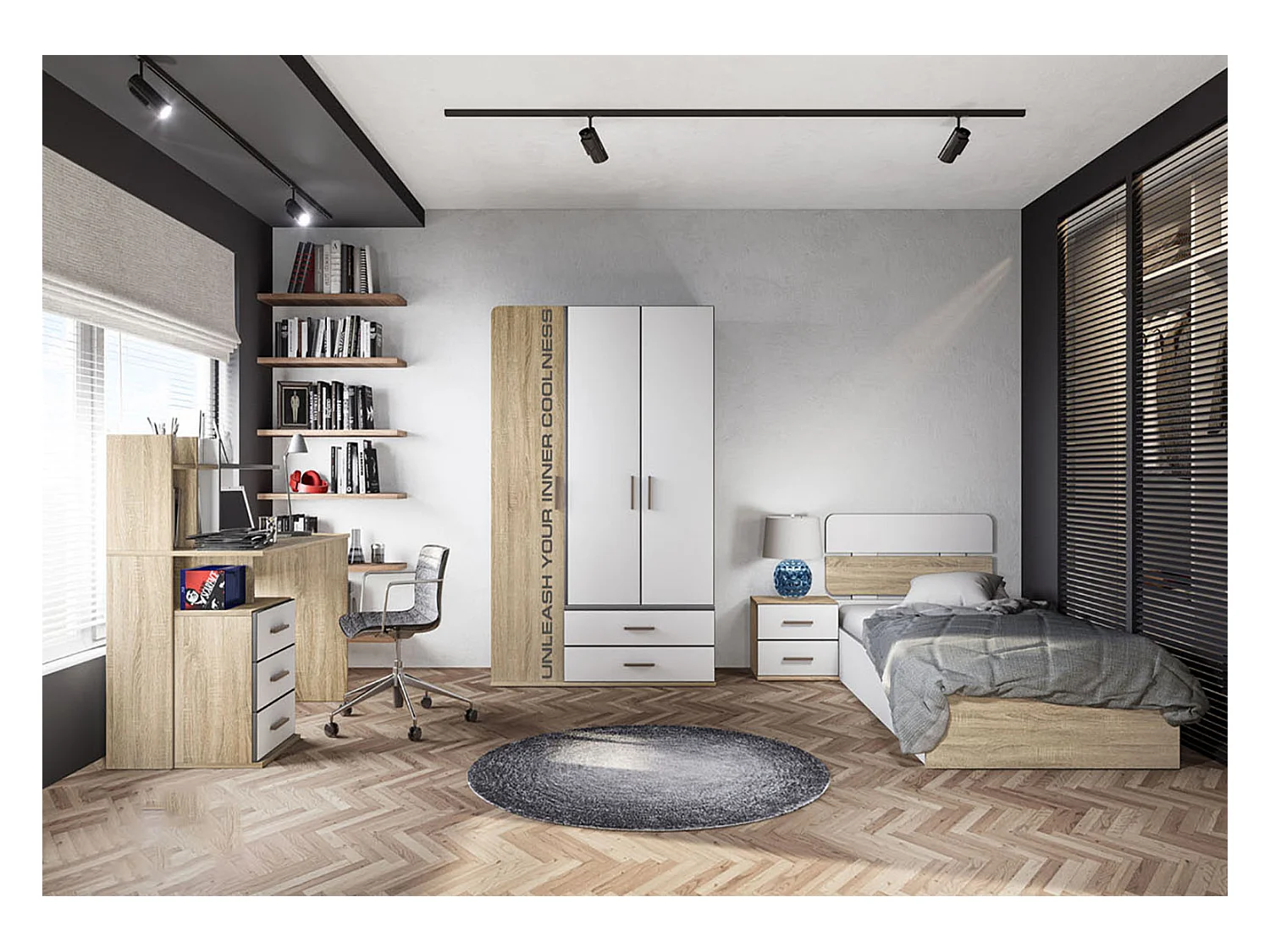 Cameretta completa con letto contenitore rovere e bianco opaco CCI15
