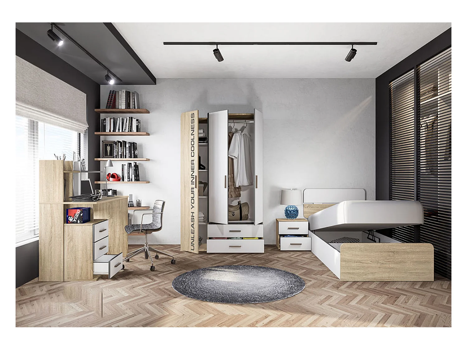 Cameretta completa con letto contenitore rovere e bianco opaco CCI15