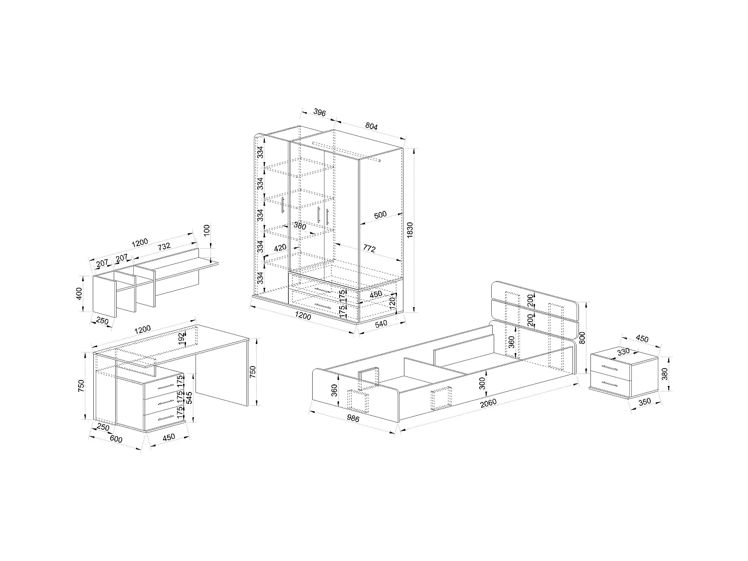Cameretta completa con letto contenitore rovere e bianco opaco CCI15