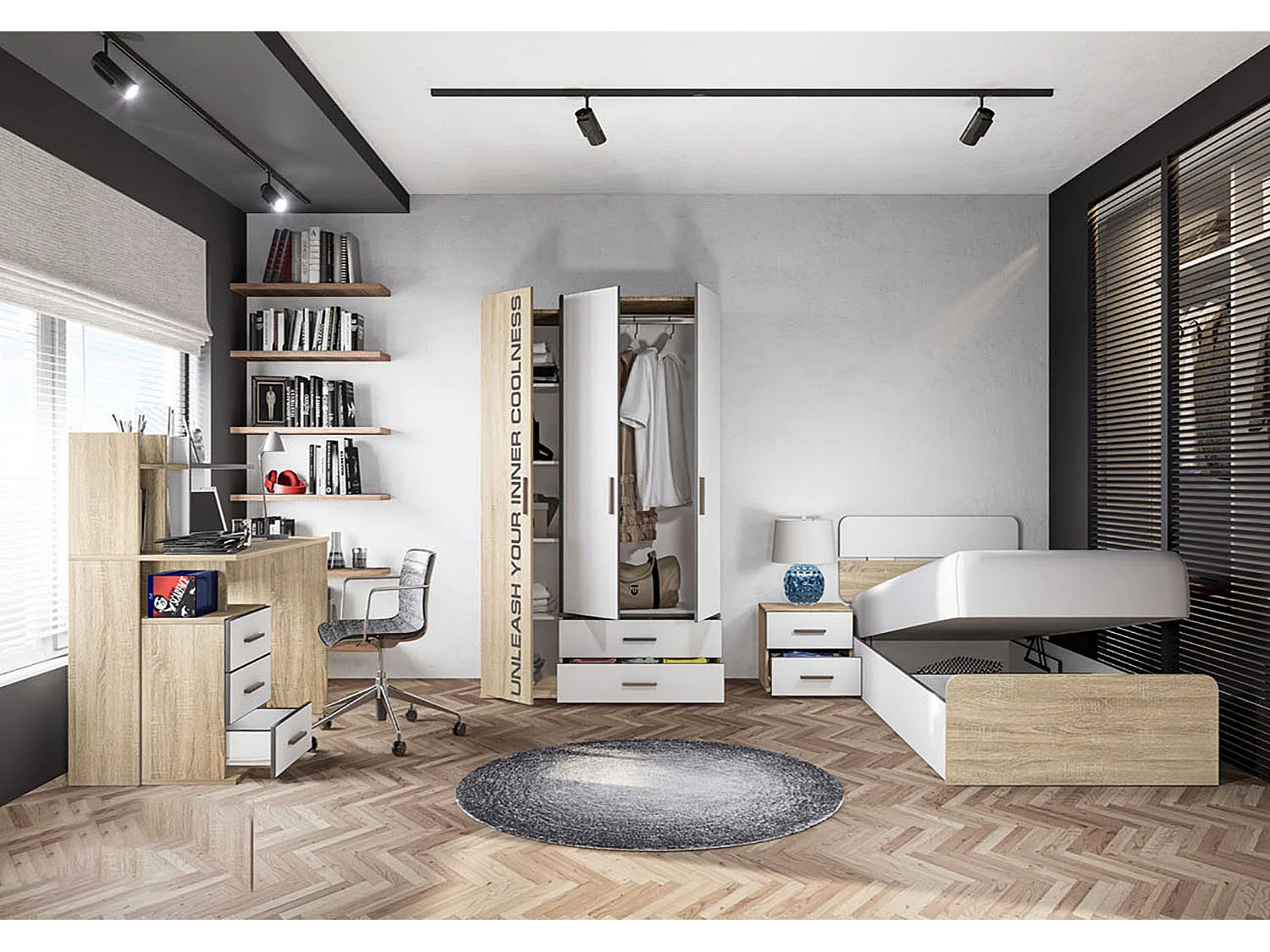 Cameretta completa con letto contenitore rovere e bianco opaco CCI15