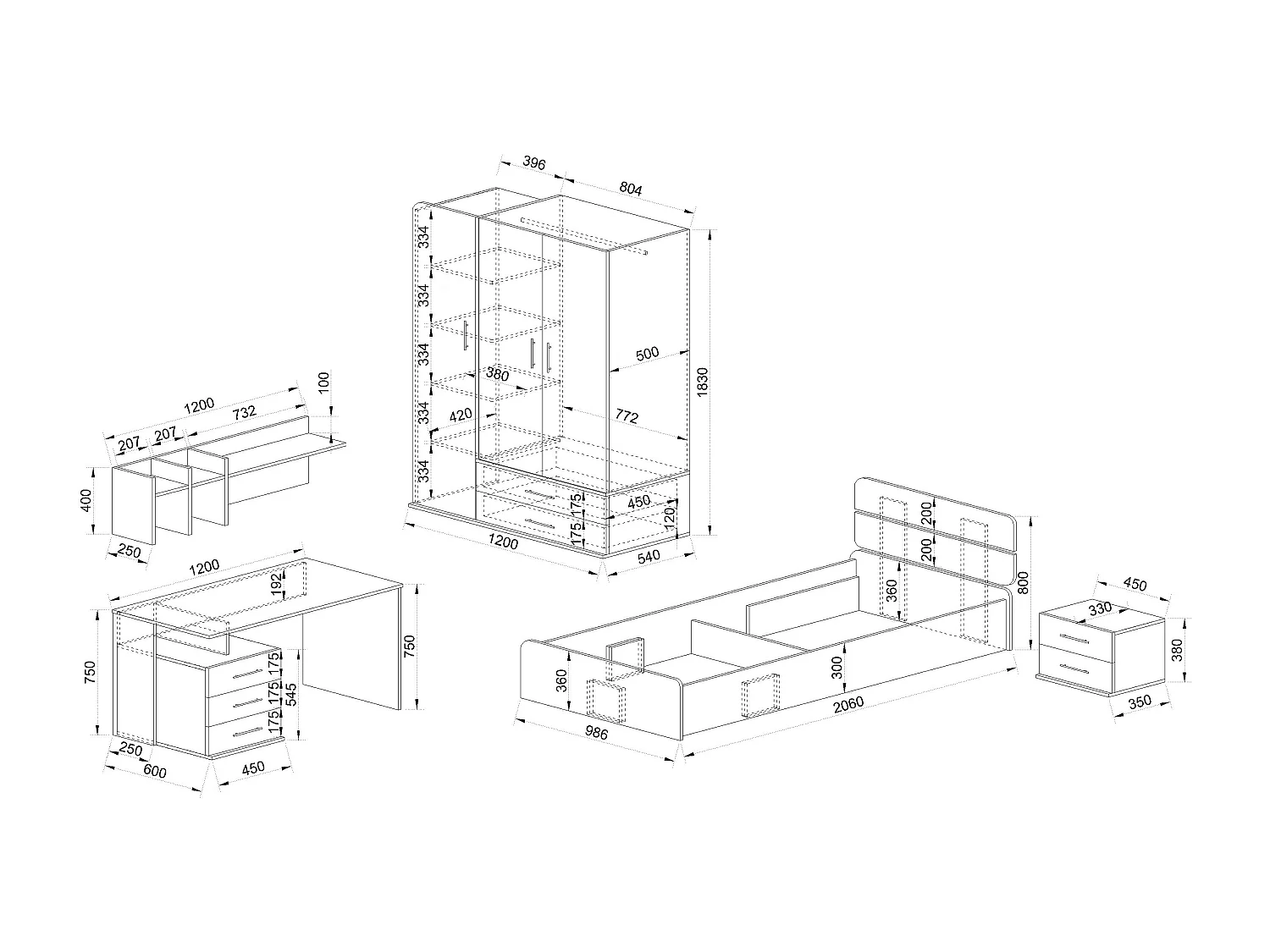 Cameretta completa con letto contenitore rovere e bianco opaco CCI15