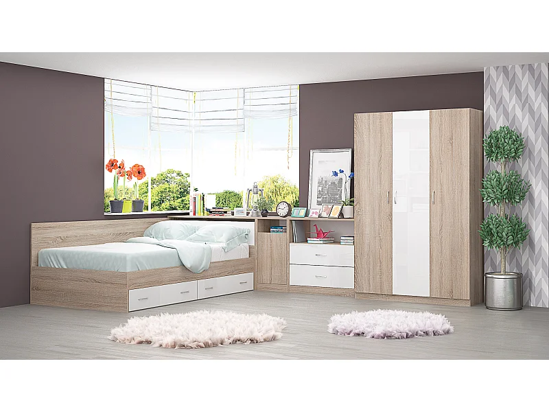 Cameretta completa con letto a una piazza e mezza 120x190 cm rovere chiaro e bianco lucido CBG17