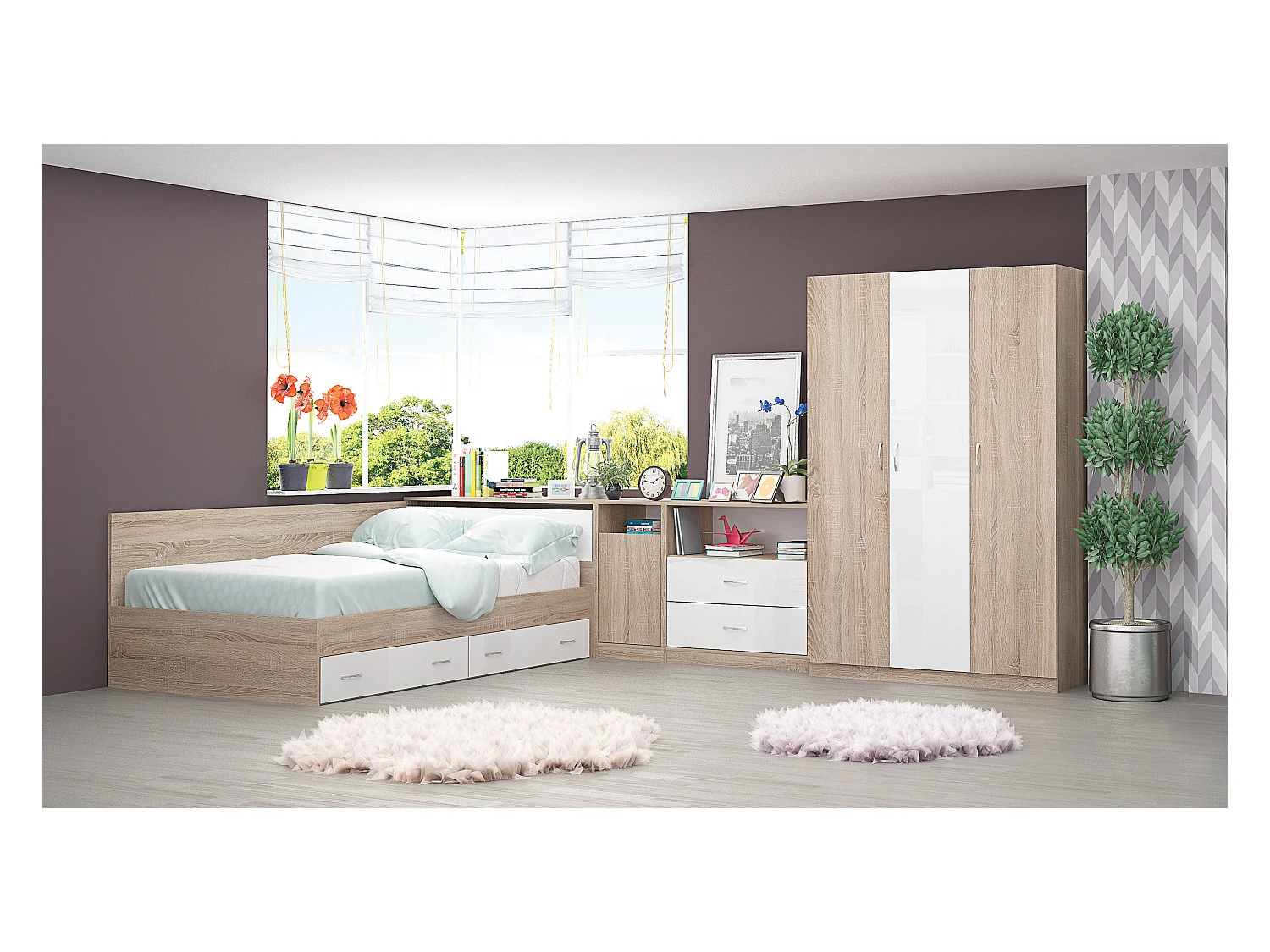 Cameretta completa con letto a una piazza e mezza 120x190 cm rovere chiaro e bianco lucido CBG17