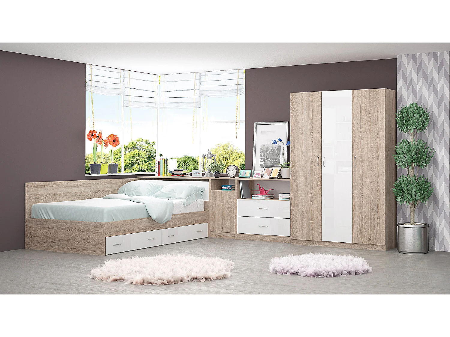 Cameretta completa con letto a una piazza e mezza 120x190 cm rovere chiaro e bianco lucido CBG17