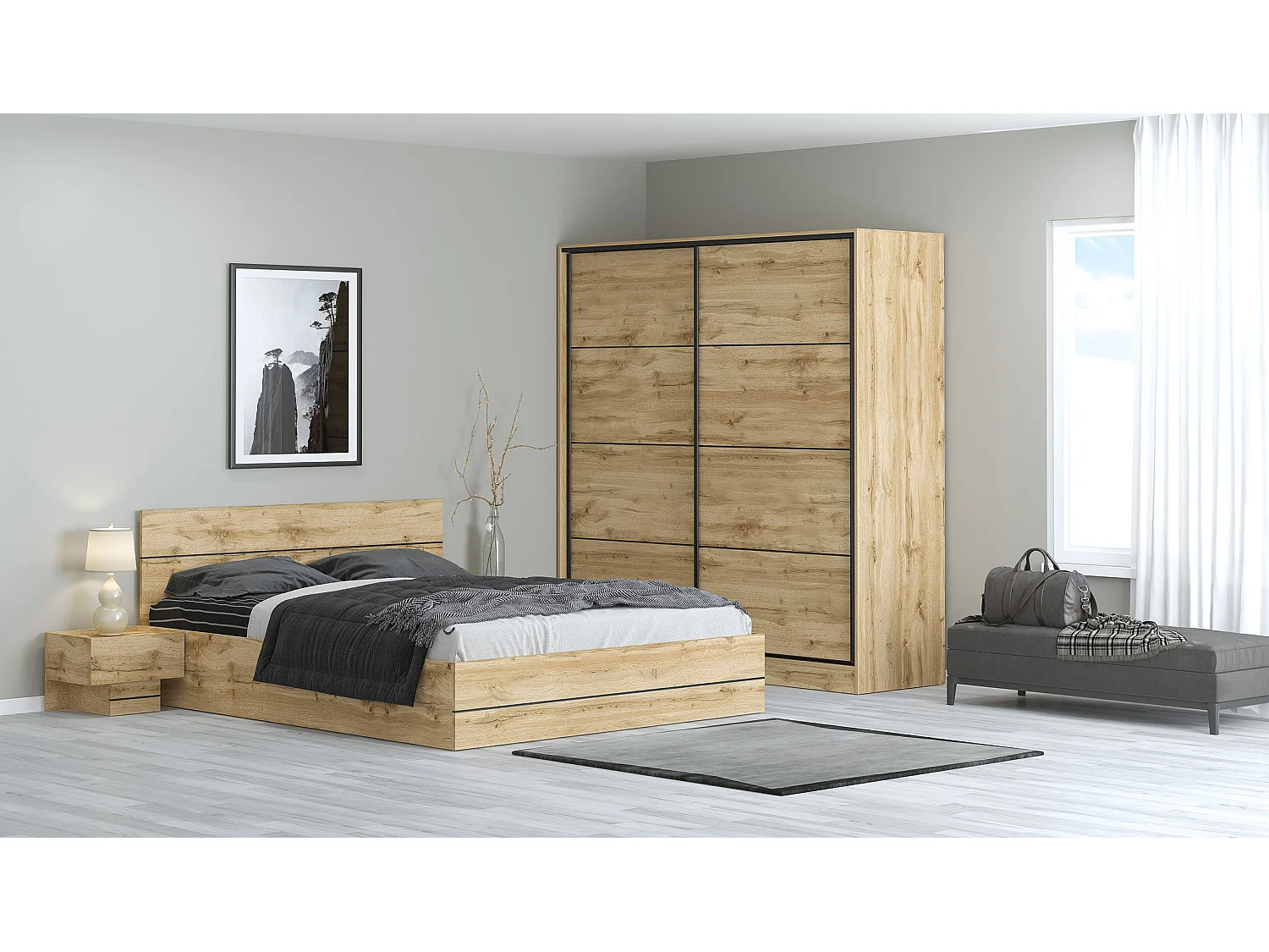 Camera da letto completa con letto contenitore 160x200 cm in rovere naturale CMG35