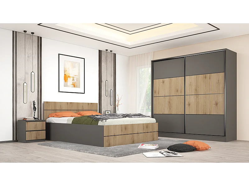 Camera da letto completa con letto contenitore 160x200 cm rovere cannettato e grafite CMG50