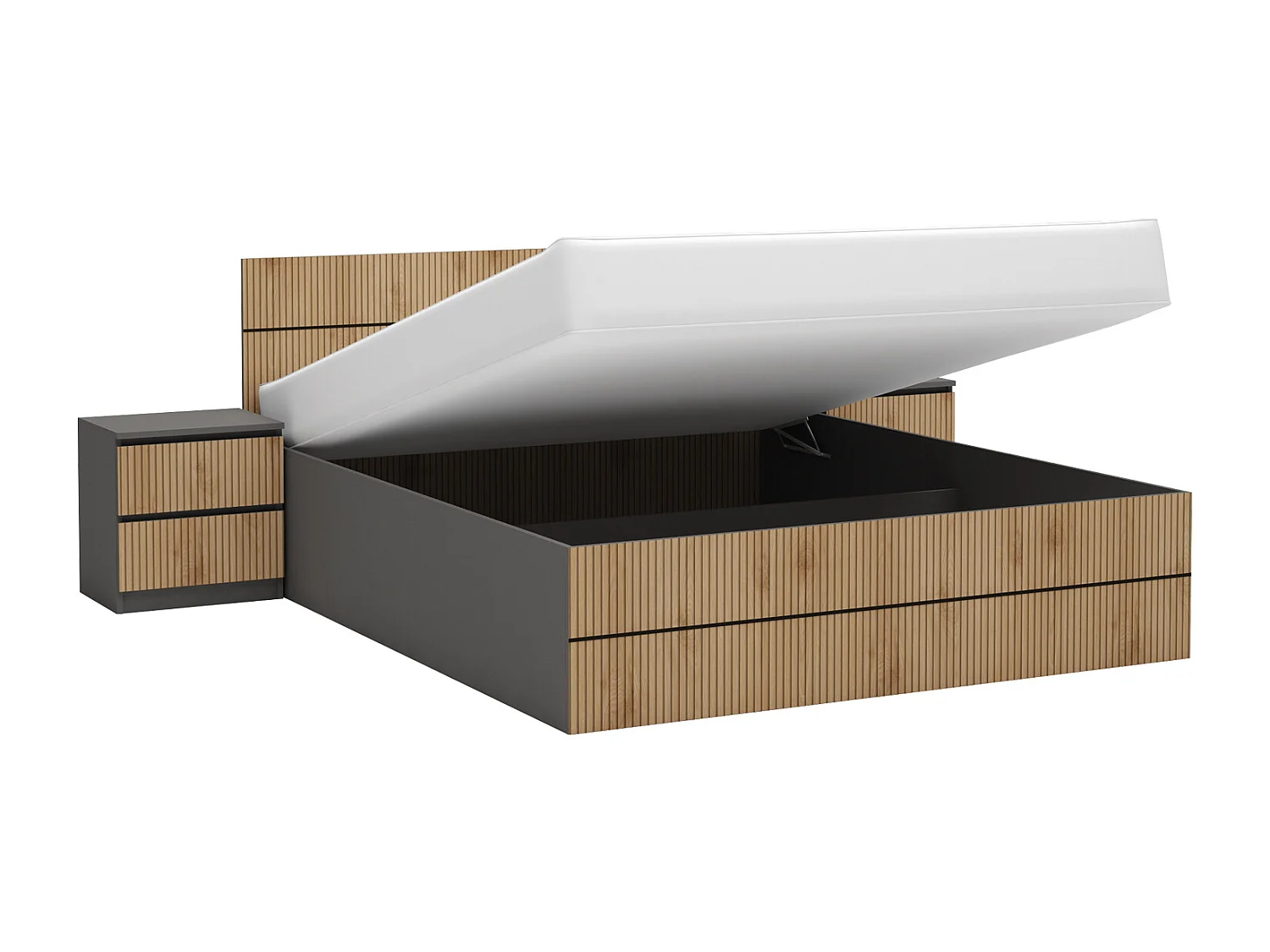 Camera da letto completa con letto contenitore 160x200 cm rovere cannettato e grafite CMG50