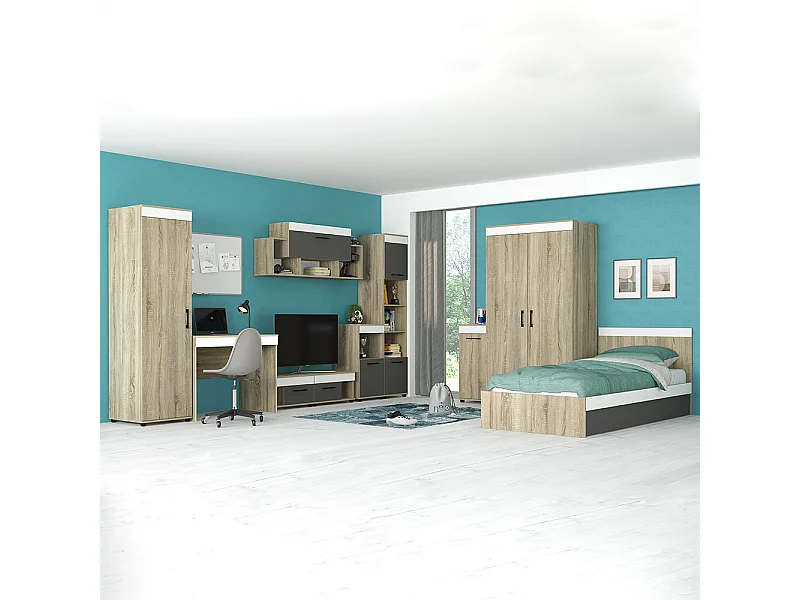 Cameretta completa moderna con letto contenitore 120x200 cm in rovere, antracite e bianco CBG13