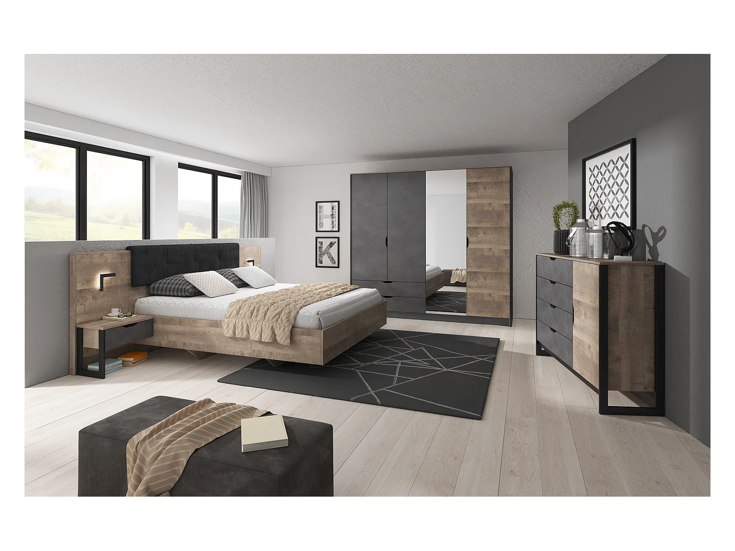Camera da letto matrimoniale completa moderna marrone e nero CDLLK2