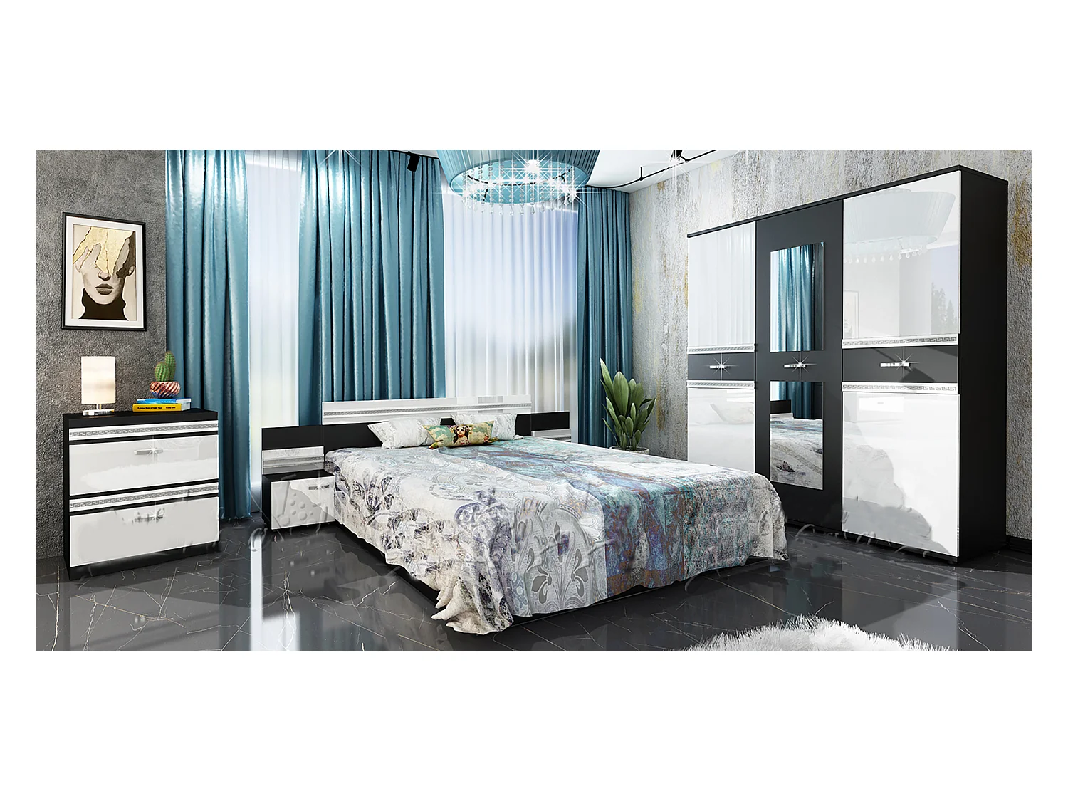 Camera da letto completa bianco lucido e nero CDLU21