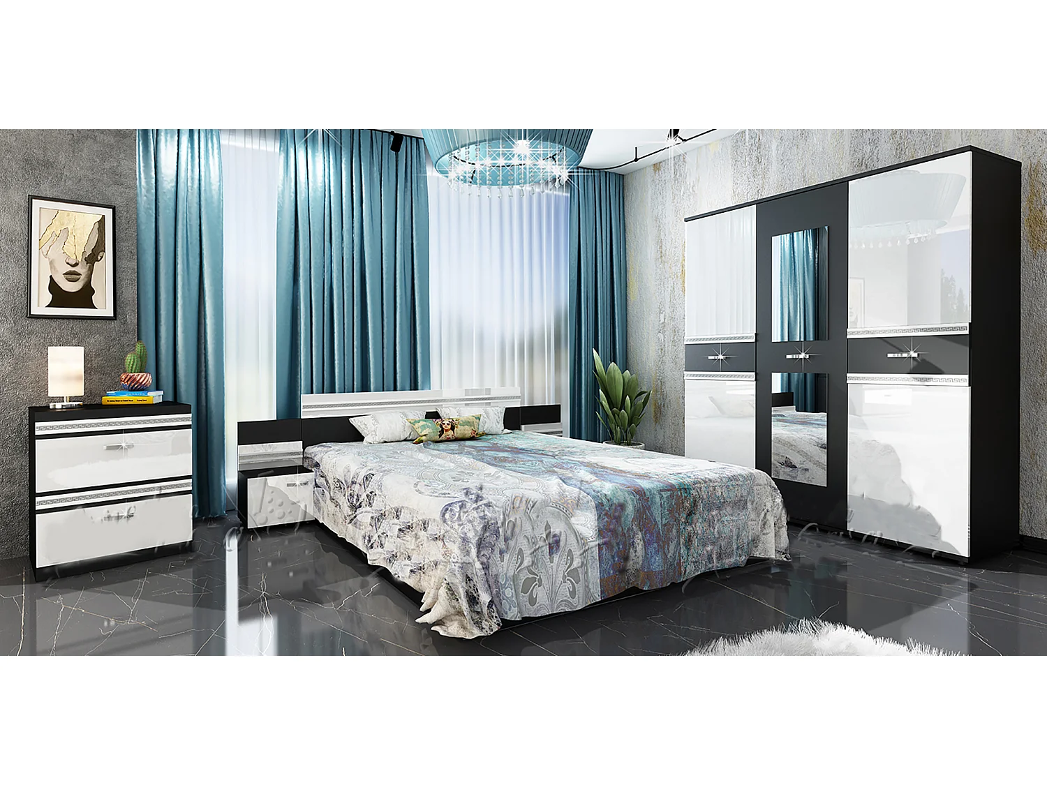 Camera da letto completa bianco lucido e nero CDLU21