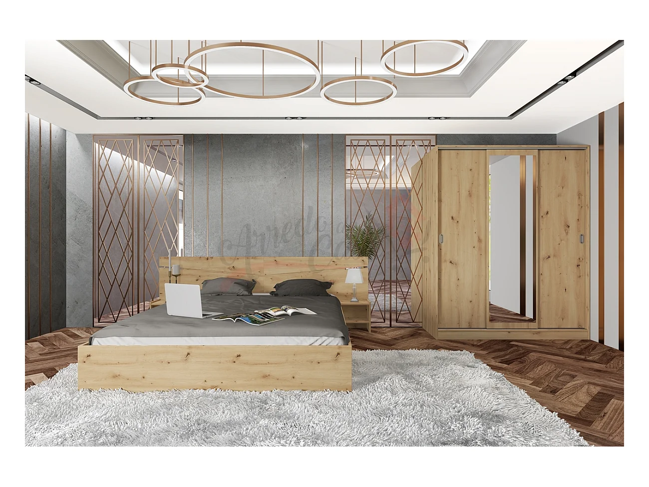 Camera da letto con letto e armadio rovere CDLI34