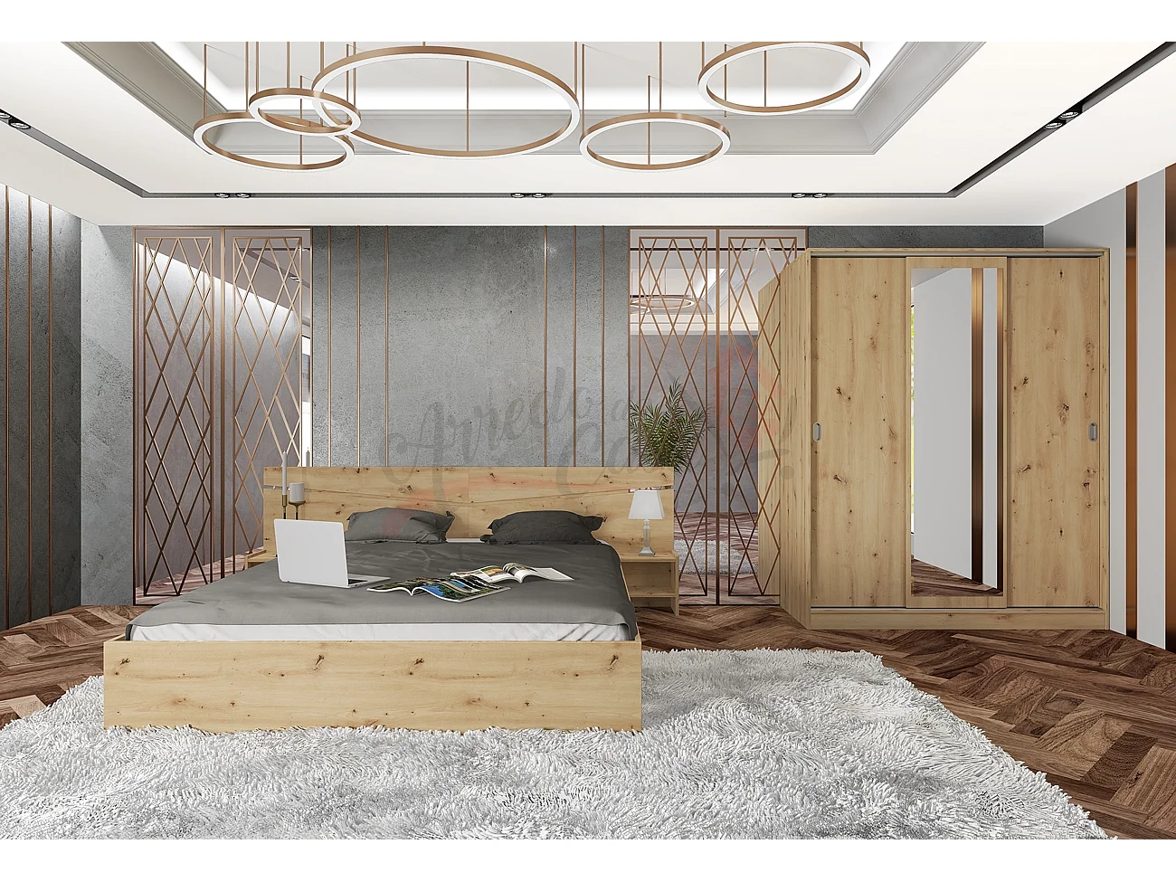 Camera da letto con letto e armadio rovere CDLI34