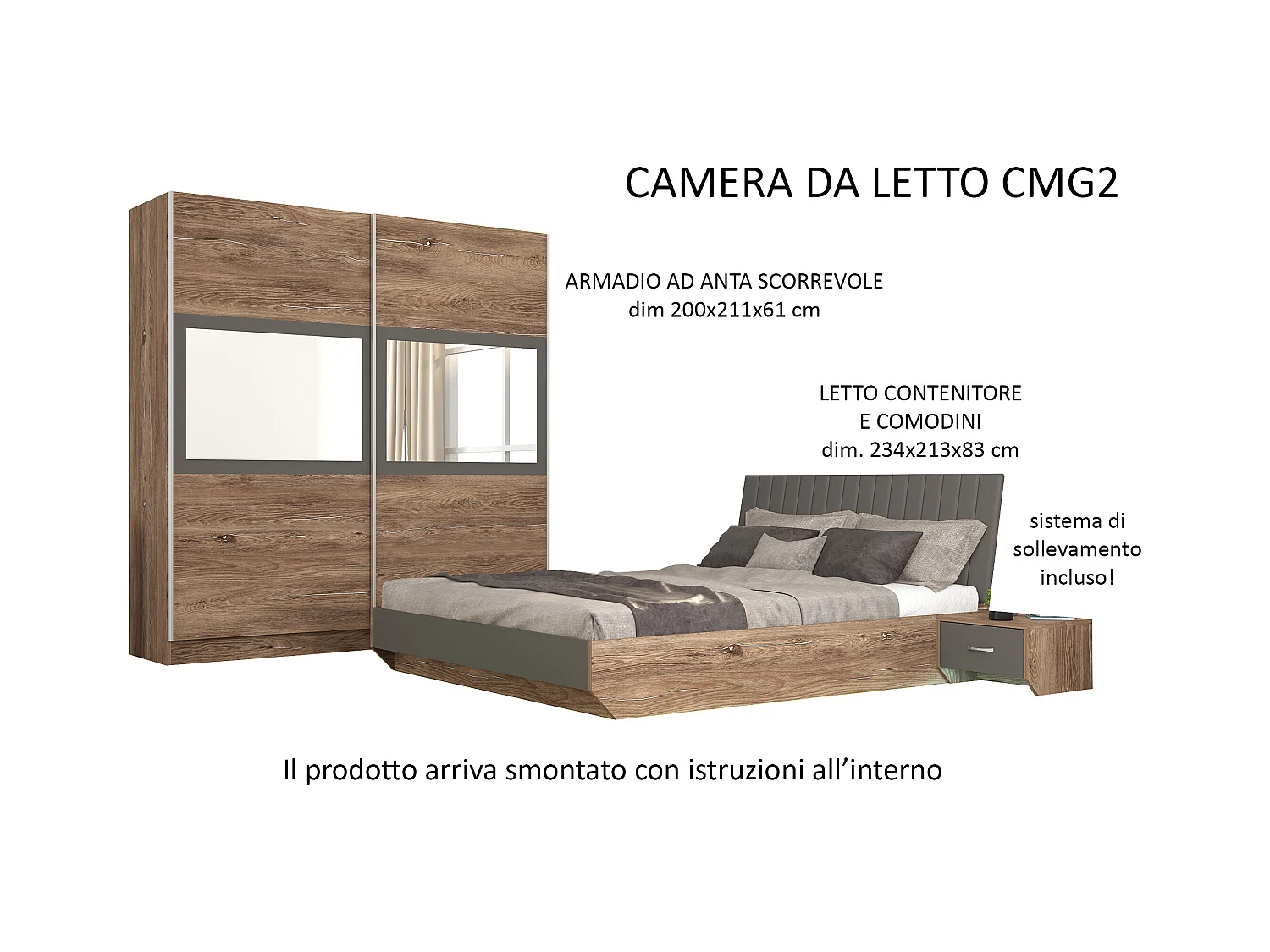 Camera matrimoniale completa con letto 140x200 cm marrone grigio antracite CMG2
