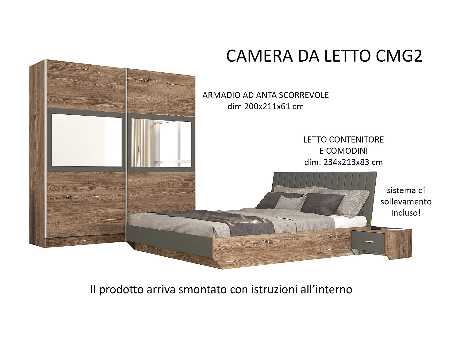 Camera matrimoniale completa con letto 140x200 cm marrone grigio antracite CMG2