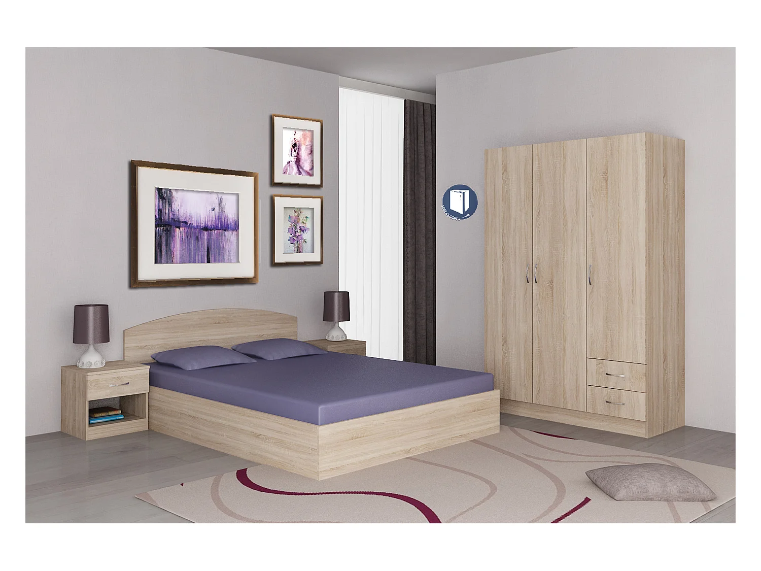 Camera da letto completa con letto a francese 140x190 design effetto legno sonoma CMG40