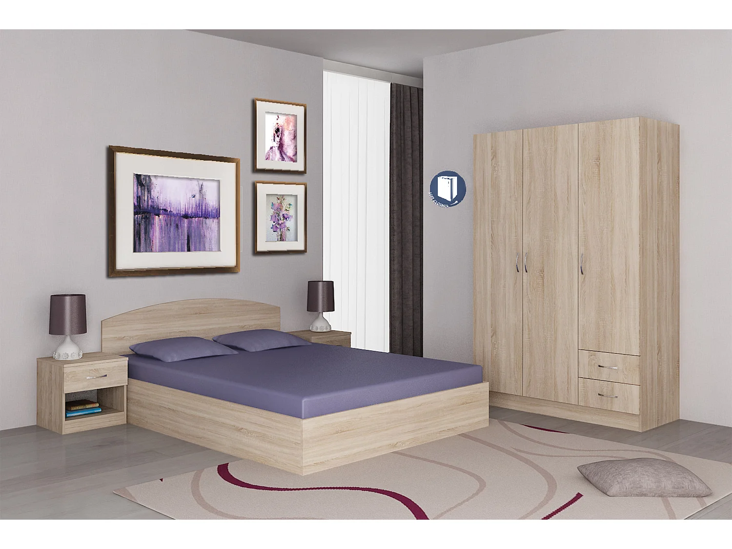 Camera da letto completa con letto a francese 140x190 design effetto legno sonoma CMG40