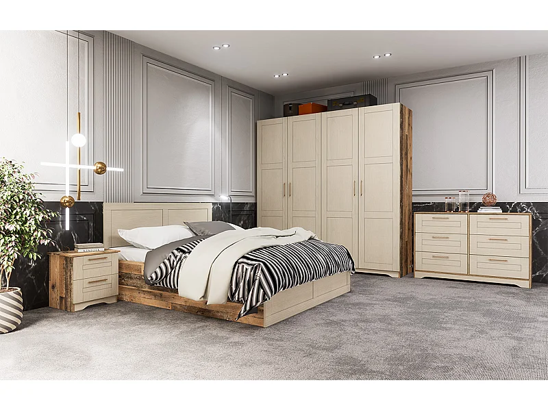 Camera da letto completa beige ed effetto legno antico CDLI38