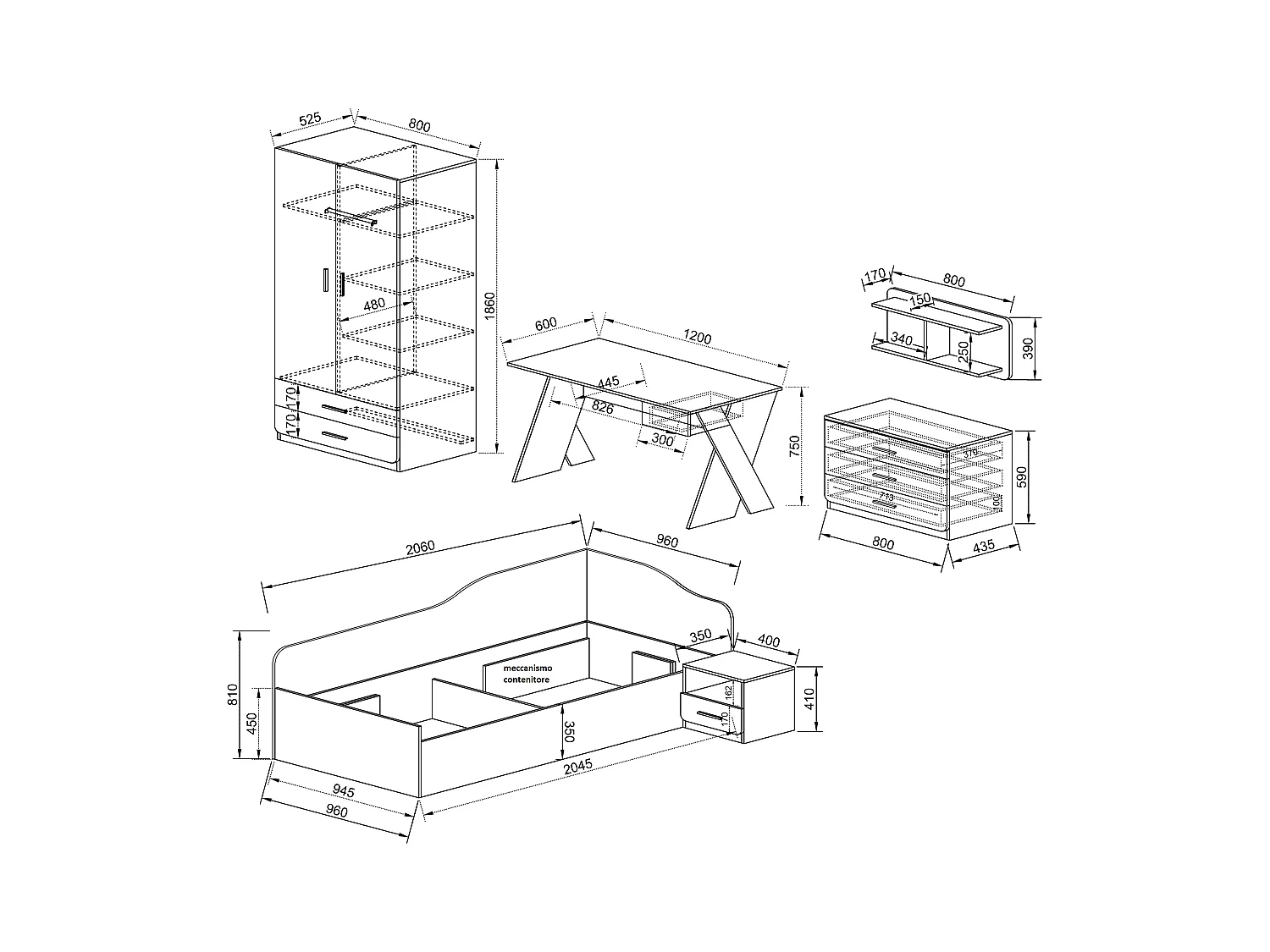 Cameretta completa con letto ad angolo CCI12
