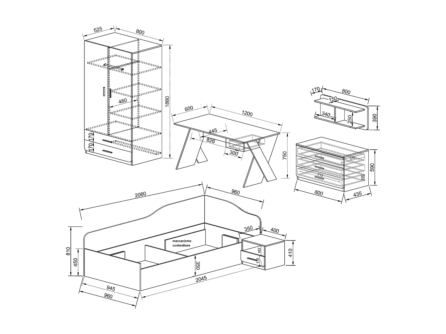 Cameretta completa con letto ad angolo CCI12