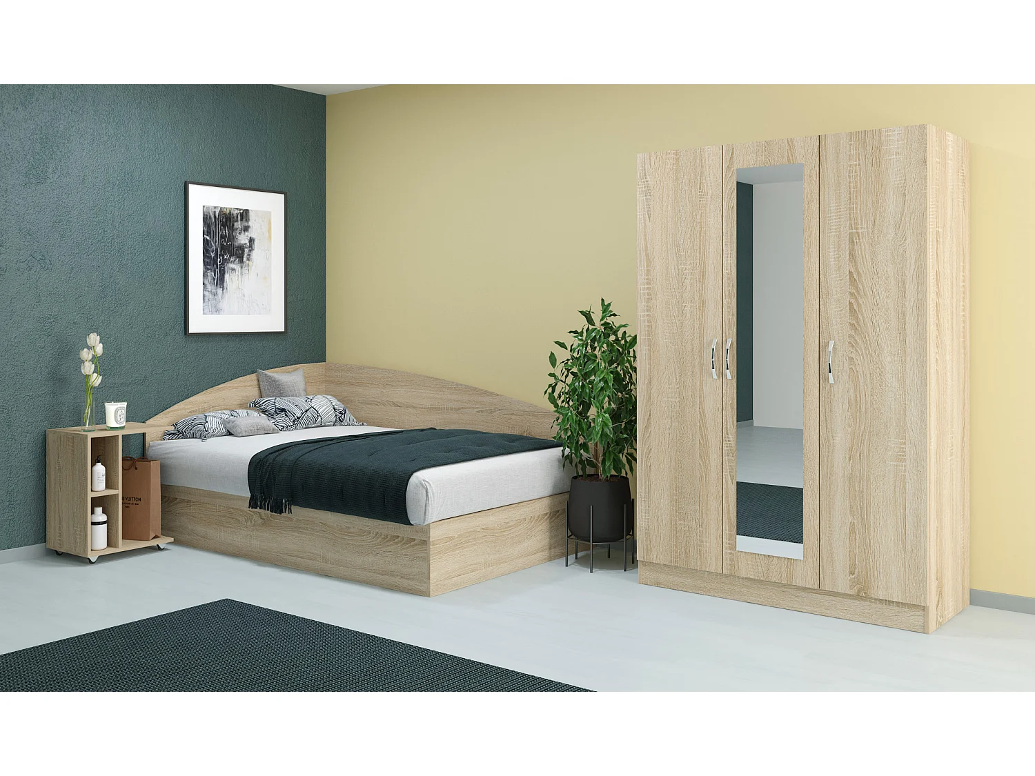 Cameretta 120x190 con letto a una piazza e mezza ad angolo e comodino moderno sonoma CBG9