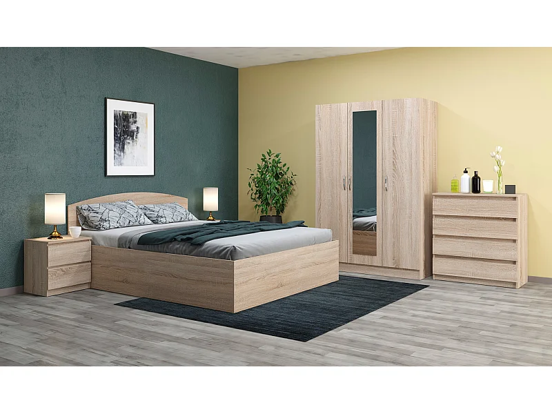 Camera da letto completa 160x200 con comò design moderno effetto legno sonoma CMG45